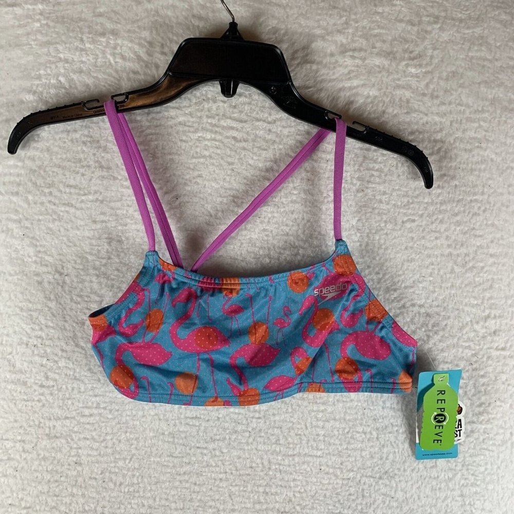 Speedo Bikini Top Women's Medium Blue Flamingo Dot Fixed Back Performance 8066